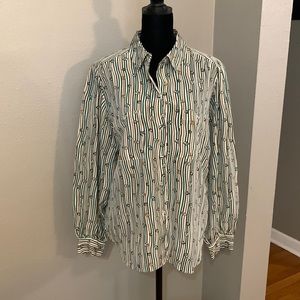 Vintage Chaus ladies silky striped print blouse cream gold green size 14